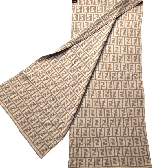 Vintage FENDI Light Beige & Cream Monogram Print Scarf - Picture 3 of 10